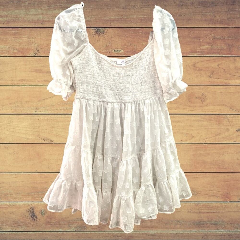 Aeom white smoked tiered off shoulder mini dress